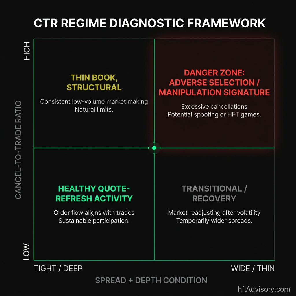 CTR regime diagnostic matrix mapping cancel-to-trade ratio level against spread and depth condition, with four labeled regimes including the high-CTR, wide-spread danger quadrant indicating adverse selection or manipulation